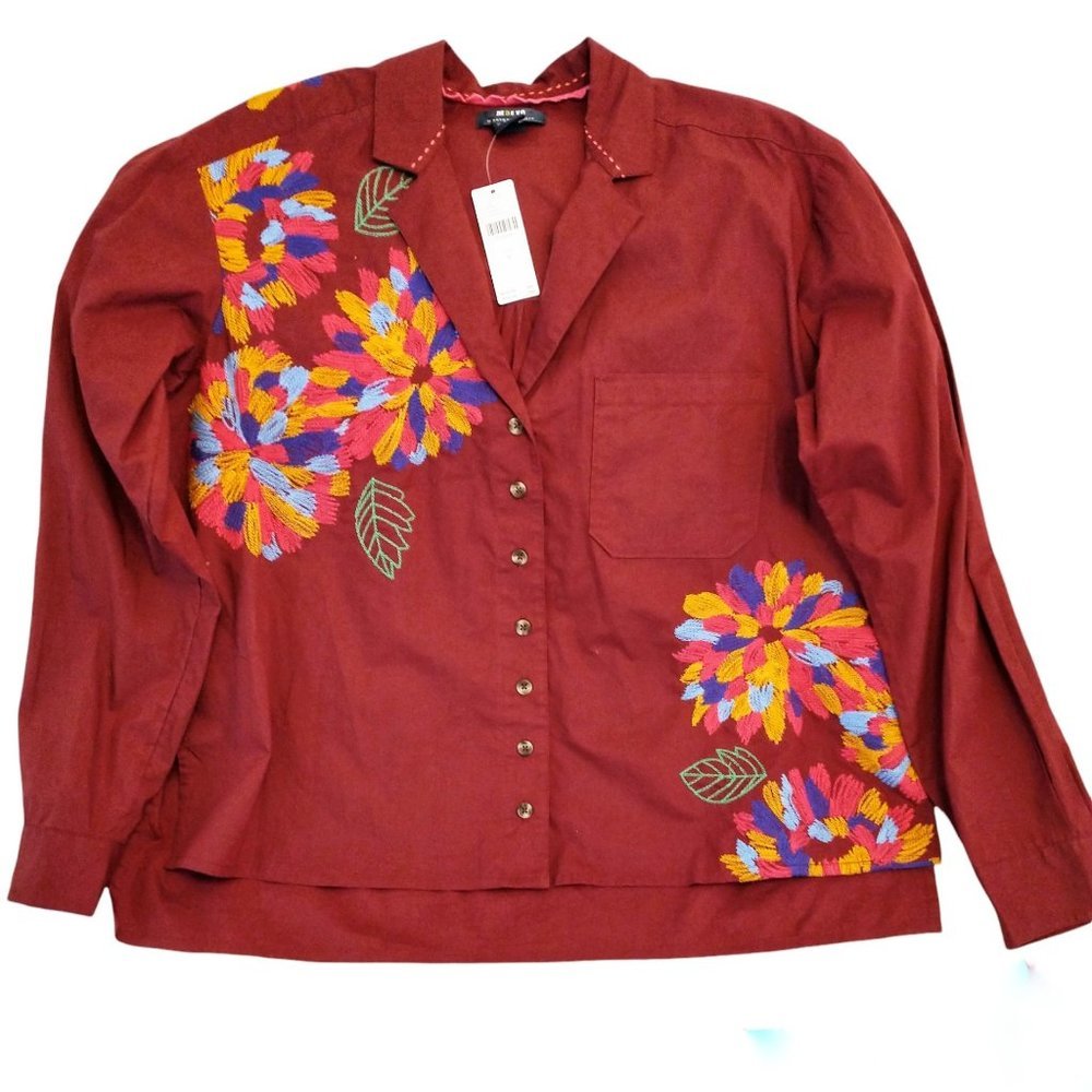 Anthropologie Maeve Embroidered Button-Down Shirt, Wine, NWT